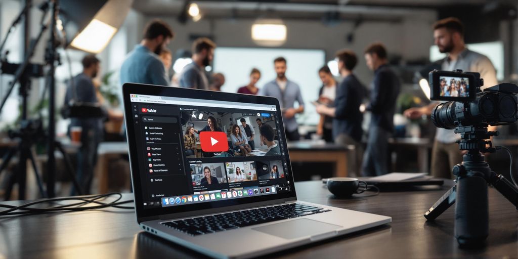 Modern studio with laptop, camera, lighting, and creative team