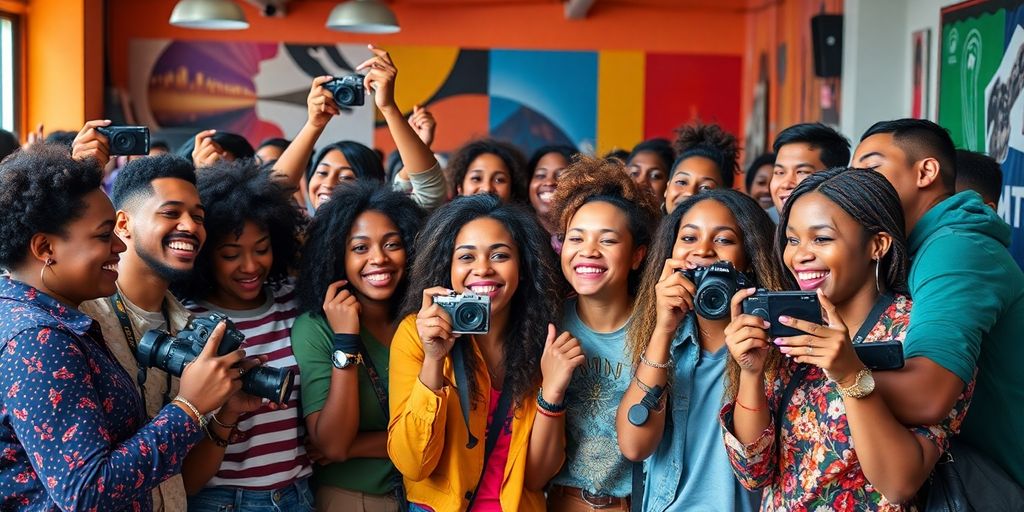 Diverse creators collaborating in a vibrant, energetic environment.
