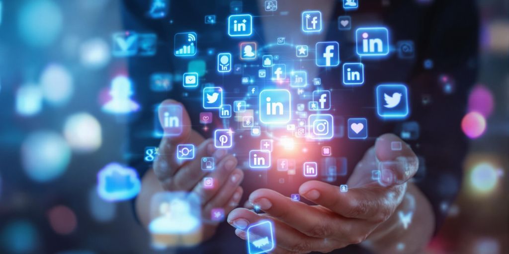 Person interacting with glowing social media icons.
