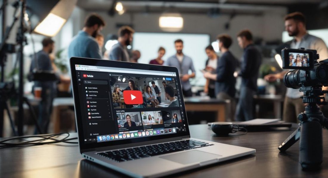 Modern studio with laptop, camera, lighting, and creative team