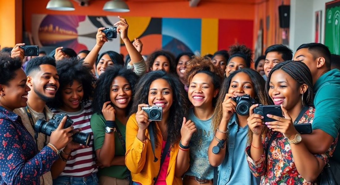 Diverse creators collaborating in a vibrant, energetic environment.