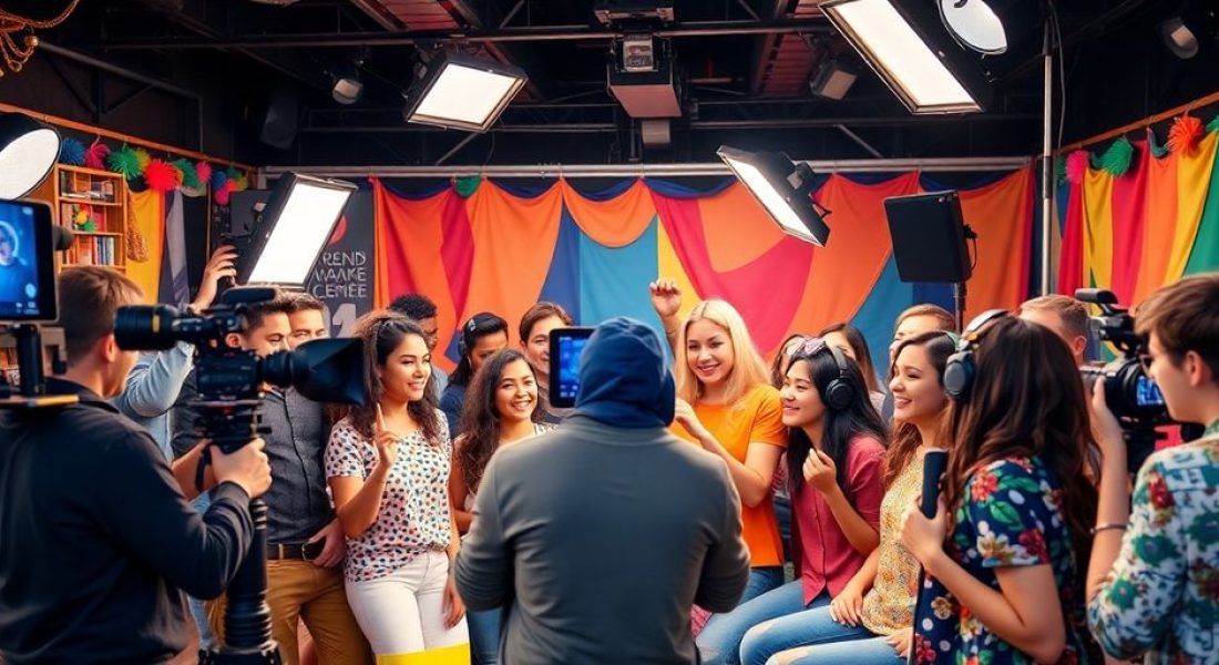 Diverse UGC creators collaborating on a video shoot.